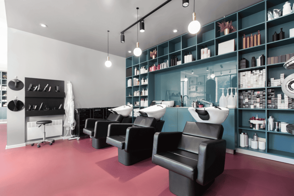 Bright interior of a beauty salon with armchairs for hairdresser procedures