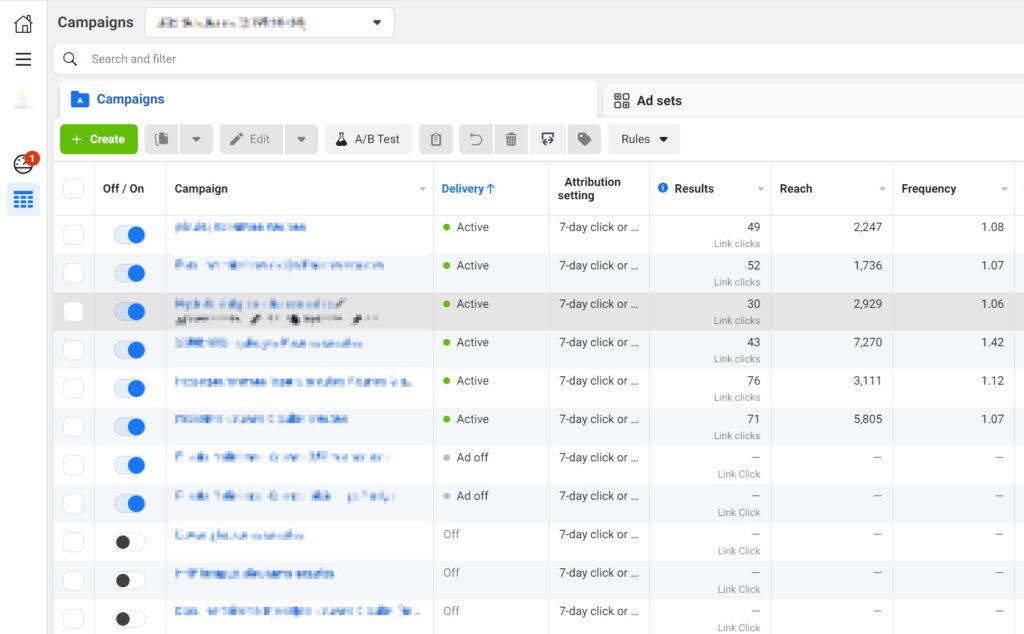 Facebook campaigns list with impressions and results.