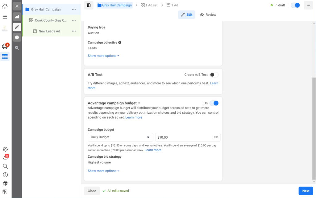 Creating new Facebook campaign for hair salon.