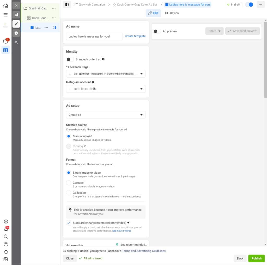 Ad setup in new Facebook campaign.