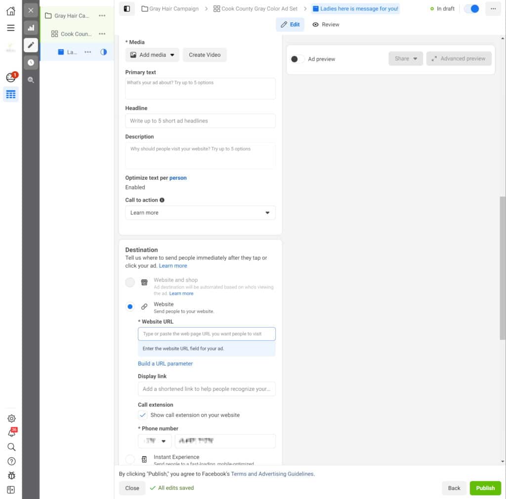 Add image, video and text for in ad for new Facebook campaign.