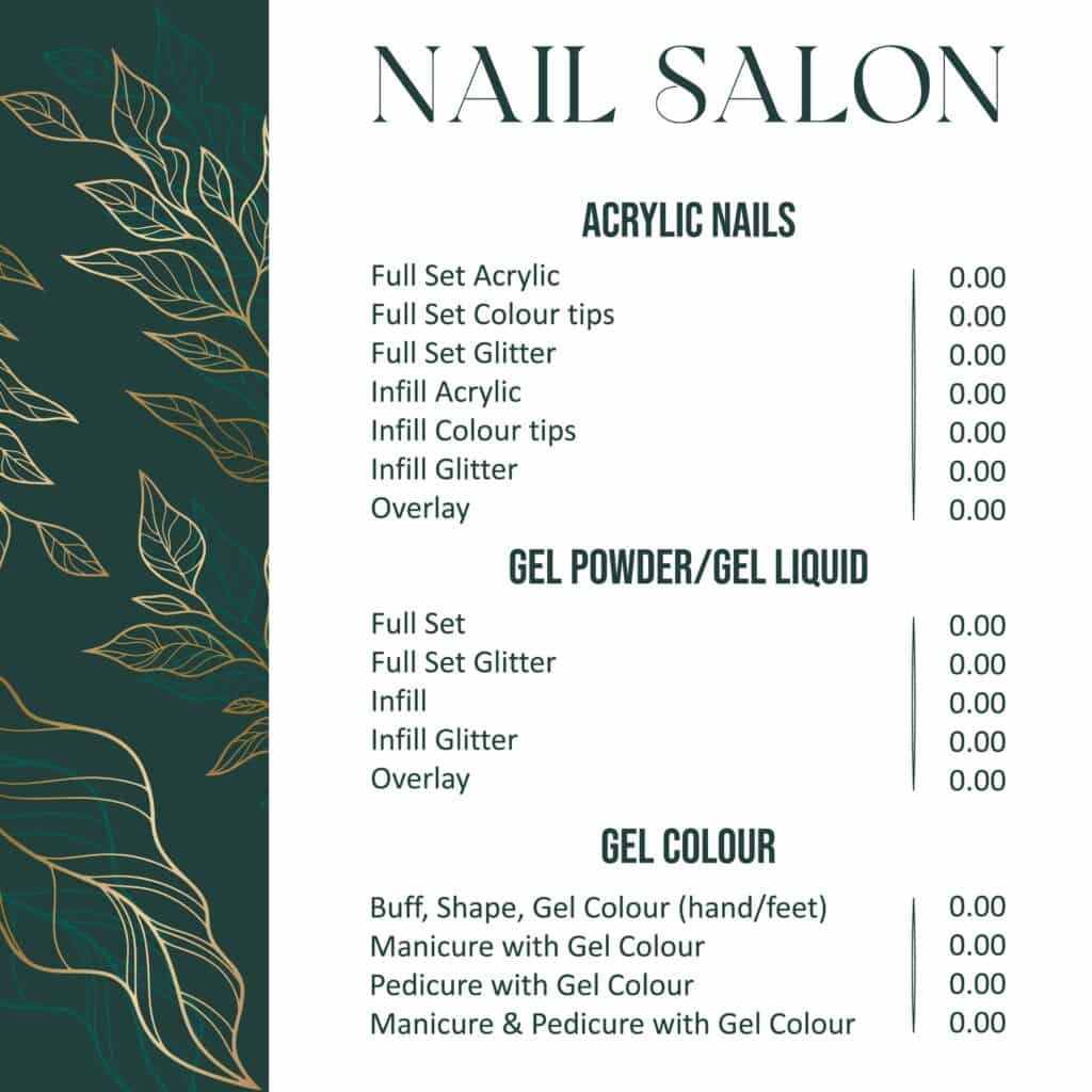 price table for nail salon services