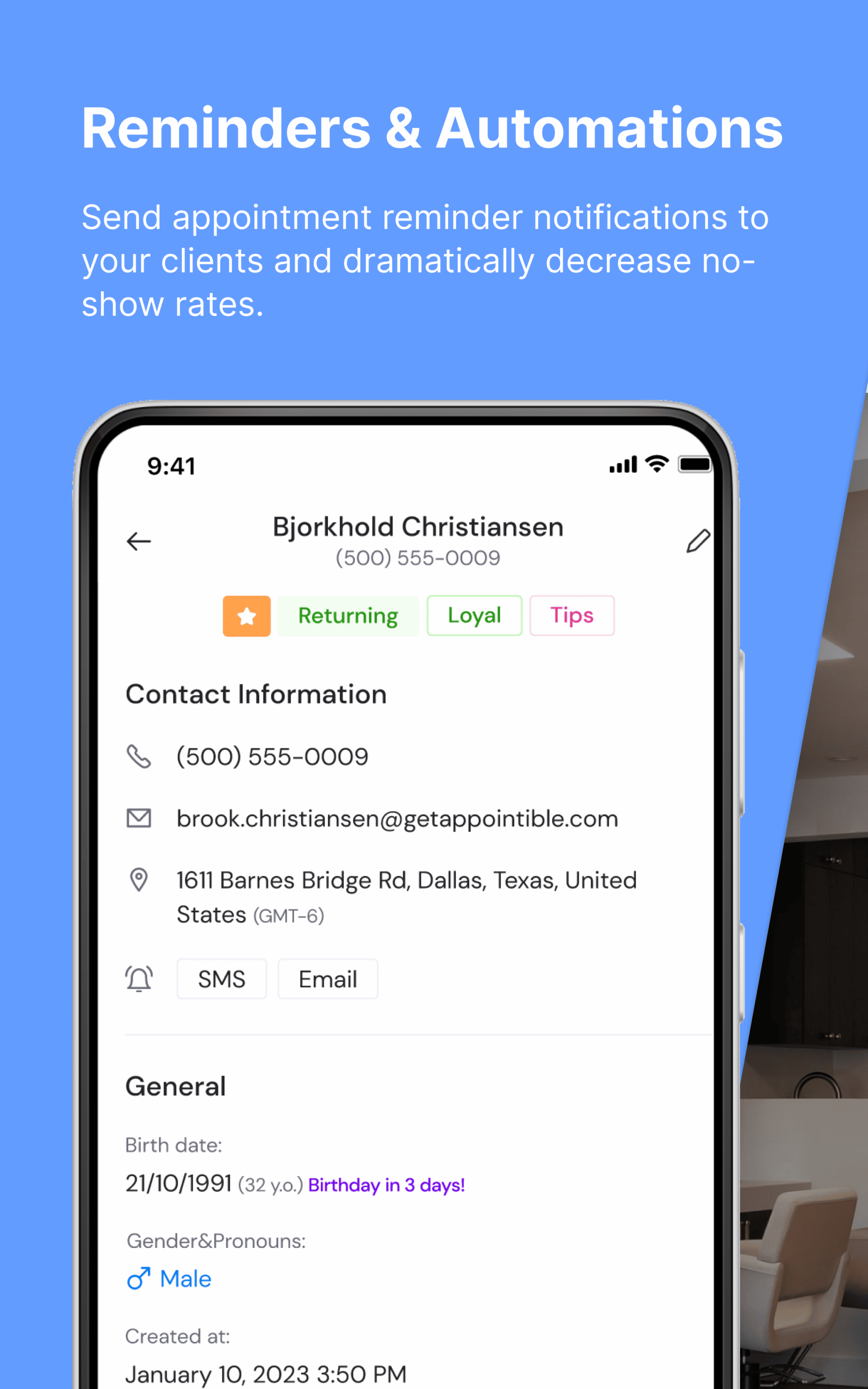 Appointible demo of client details screen. Phone screen with client details.
