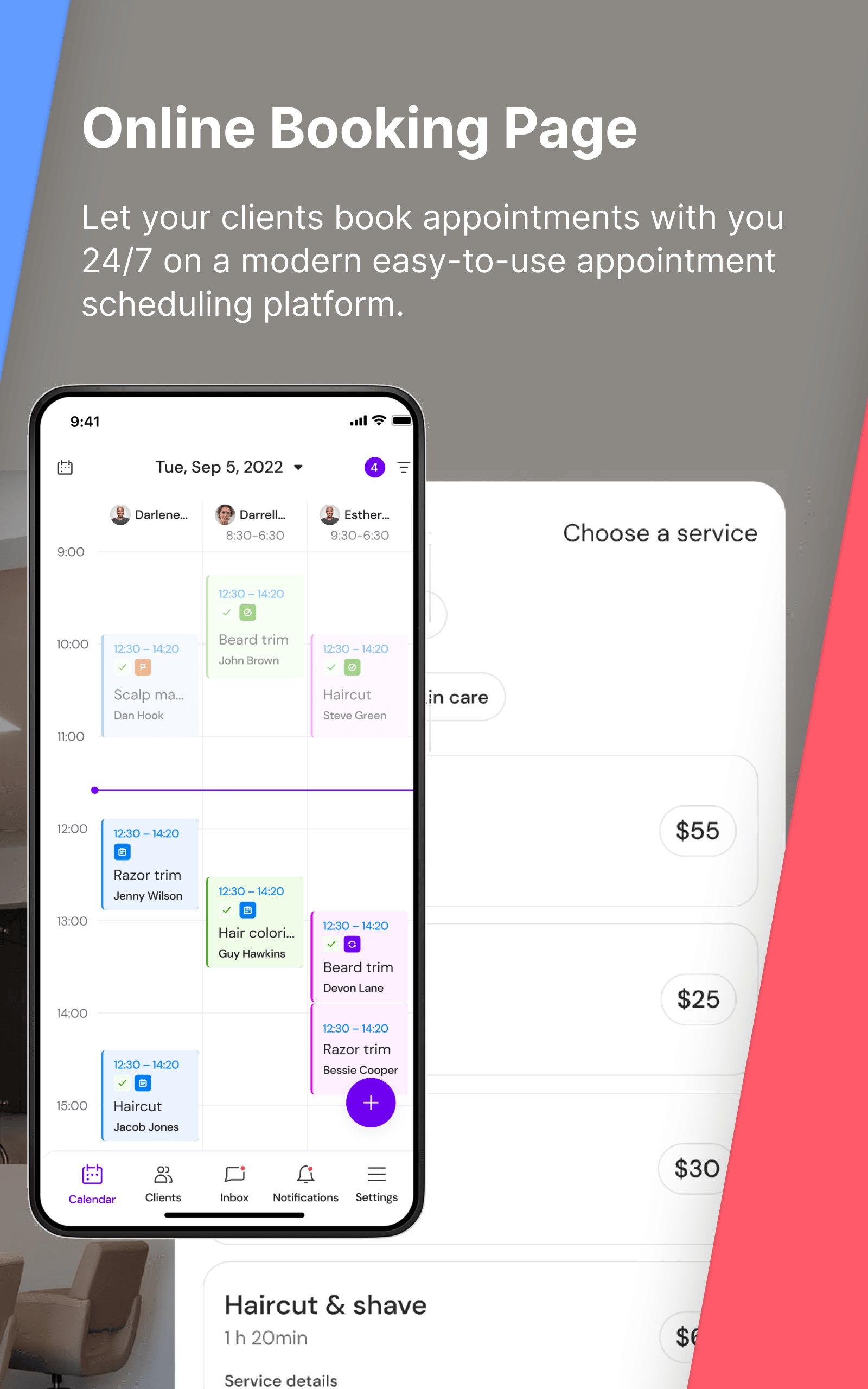 Appointible demo of calendar and online booking page widget. Phone screen with calendar and online bookings.