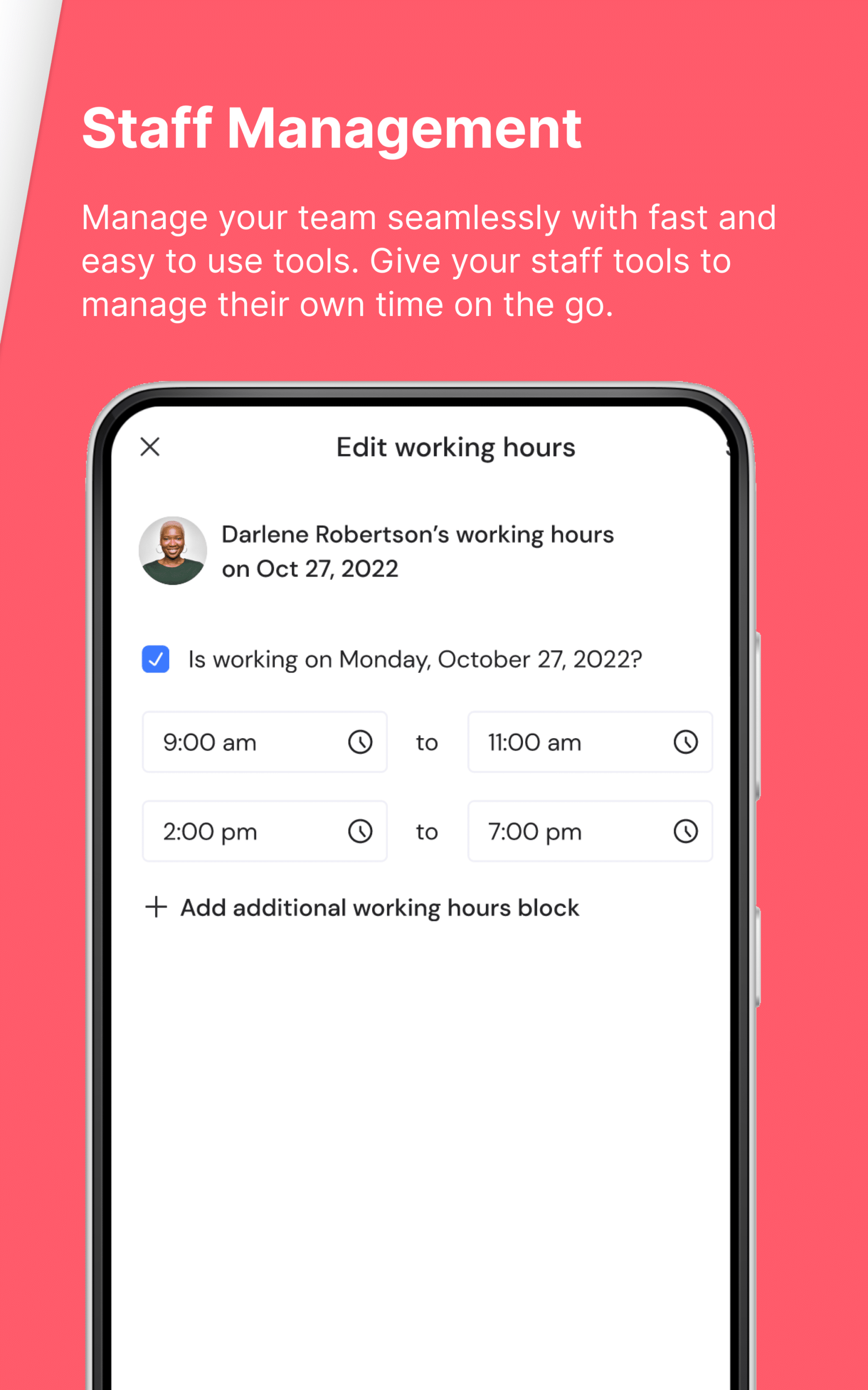 Appointible demo of staff working hours management. Phone screen with staff working hours.