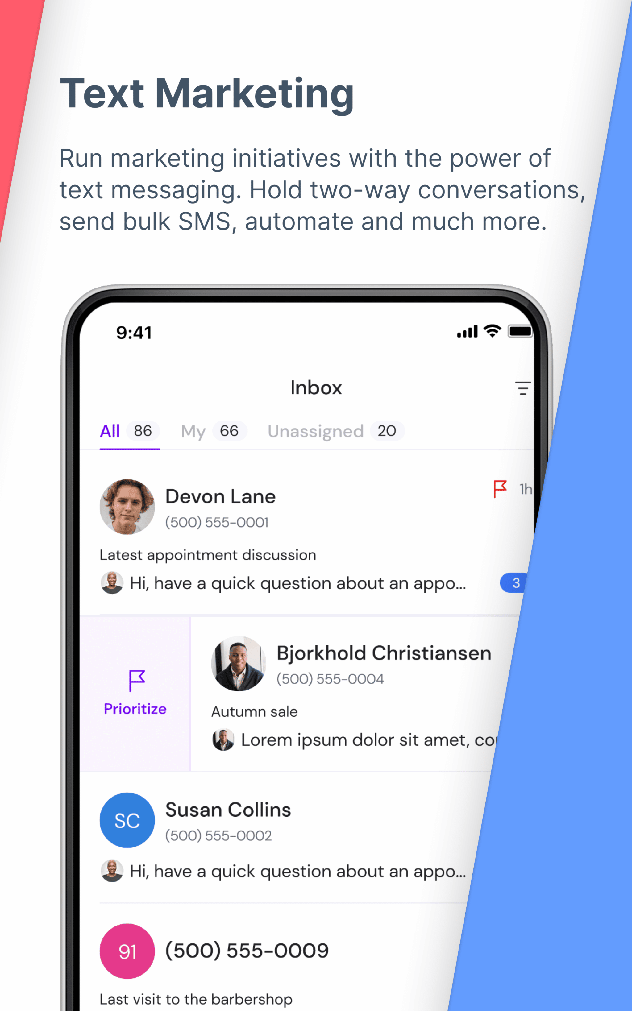 Appointible demo of inbox two way SMS text communication with clients. Phone screen with inbox two-way sms.