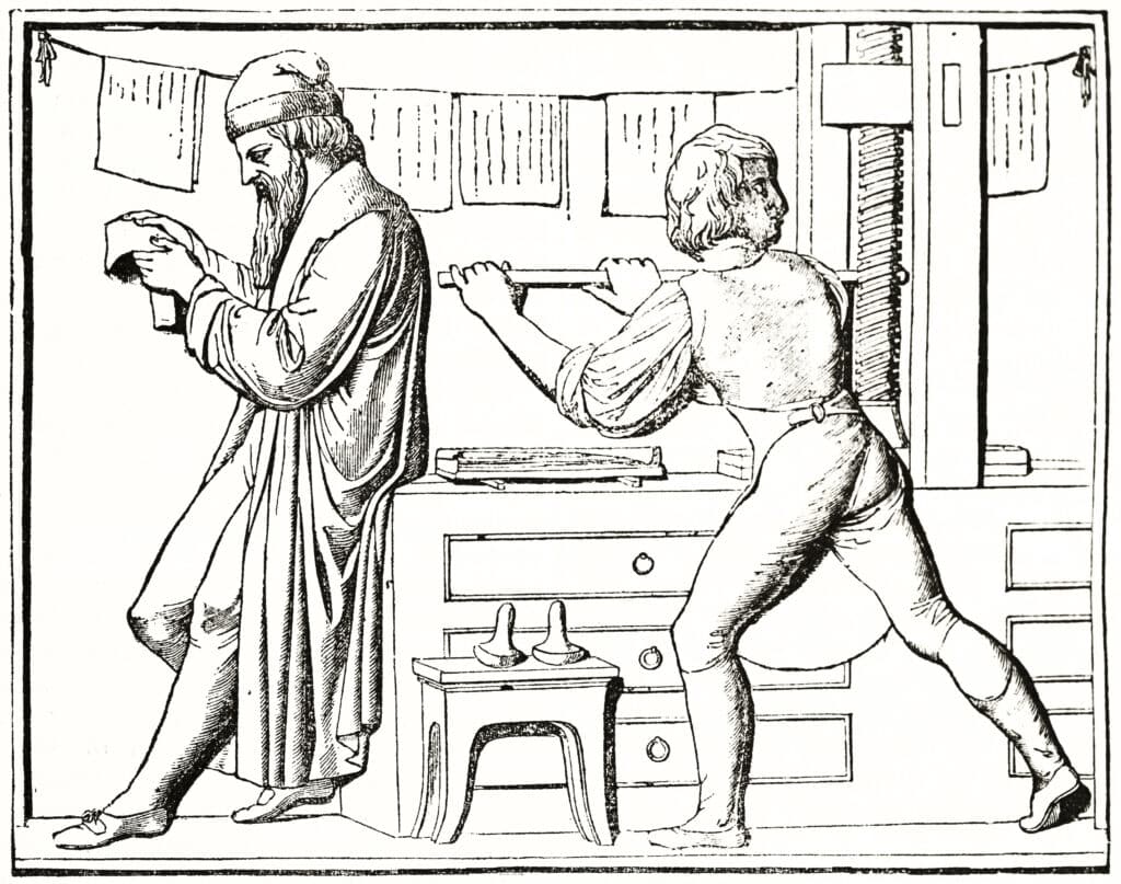 drawing of Gutenberg press and assistant working printing books