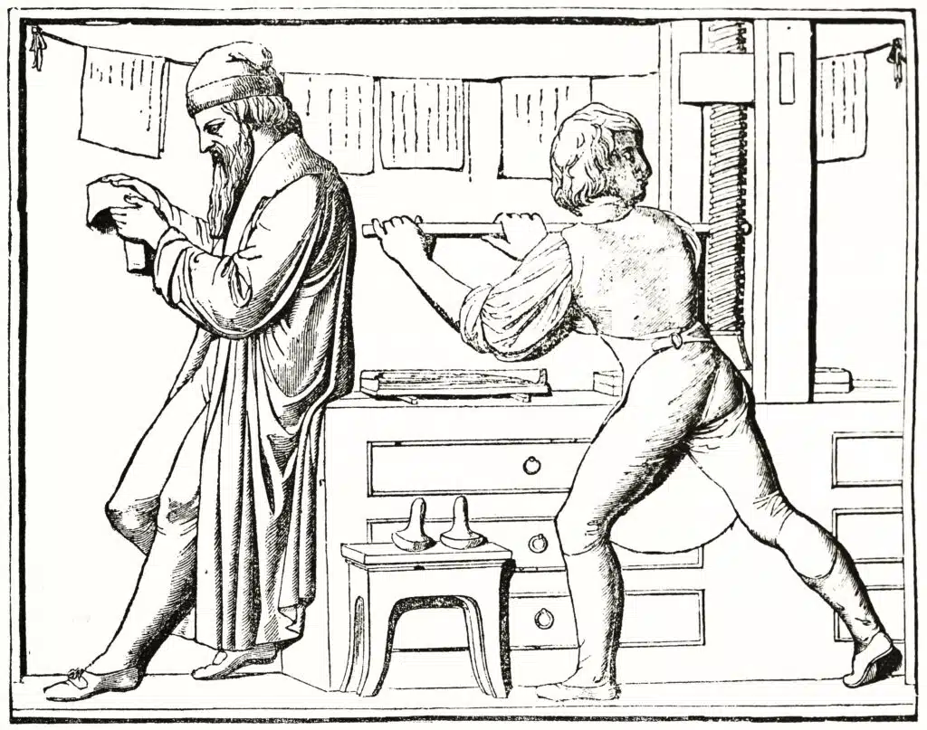 drawing of Gutenberg press and assistant working printing books