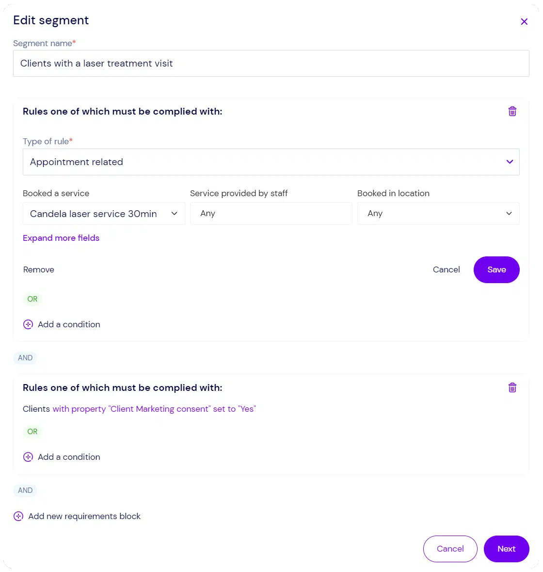 Form to create edit appointment clients segment.
