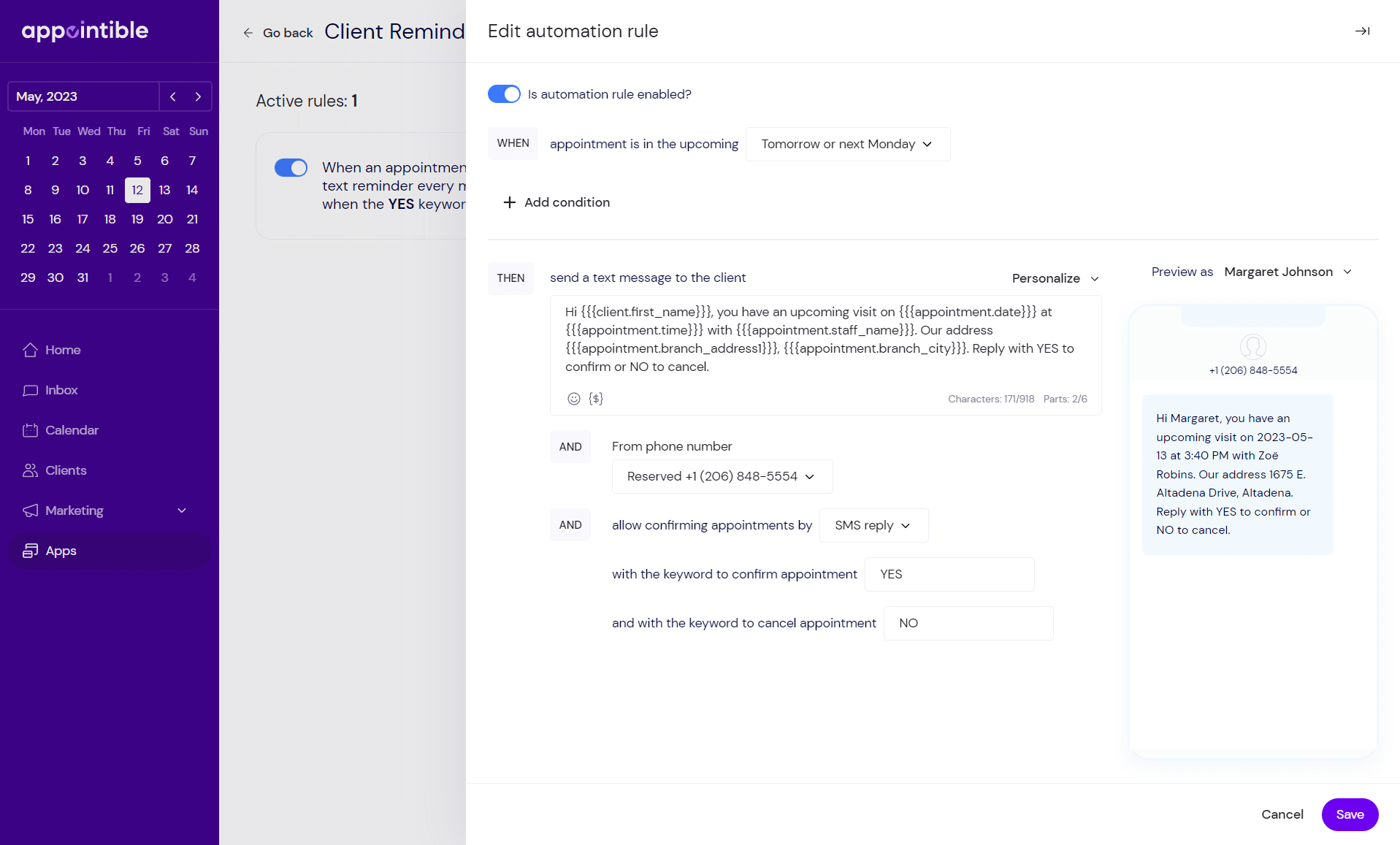 Appointible Apps - Client Reminders - Configure with pro plan.