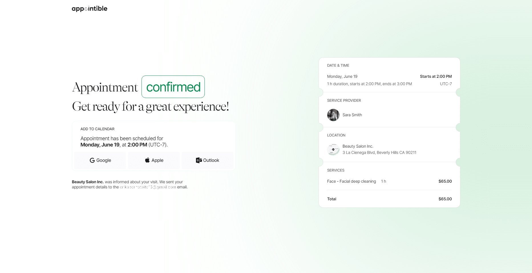 Online booking confirmed Appointible Online Booking - confirmation details