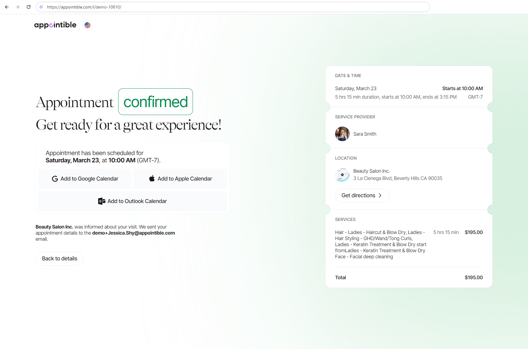 Booking website appointment confirmation, adding event to calendar.
