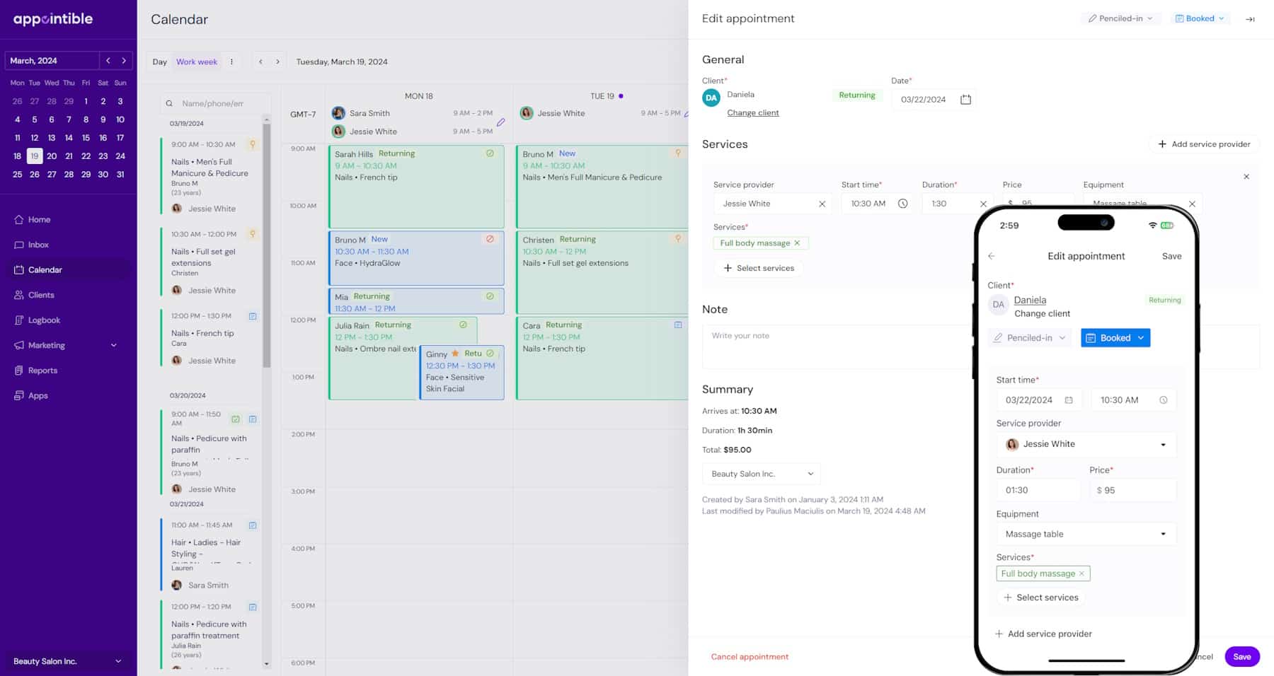 Calendar edit appointment mobile